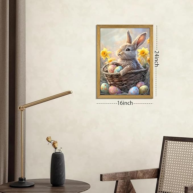Easter Bunny Wall Art, Cute Rabbit Canvas Wall Decor Painting, Easter Eggs