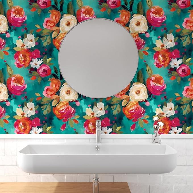 BOKEBEVE Watercolour Floral Peel and Stick Wallpaper Boho Vibrant Contact Paper