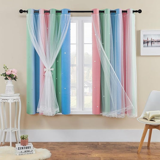 XiDi Curtains for Bedroom Decor, Rainbow Pink GreenBlue52/54/1