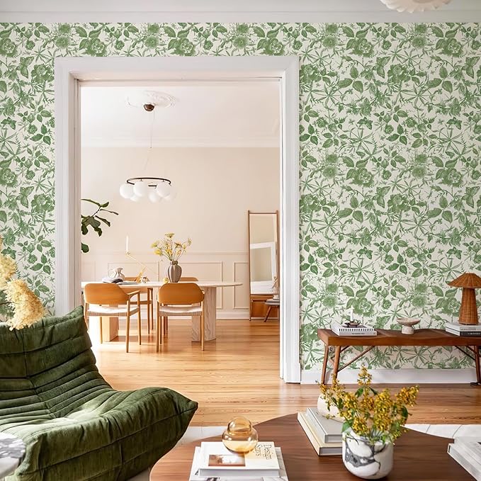 JiffDiff Floral Vintage Wallpaper Peel and Stick，Green Rose Wallpaper Removable