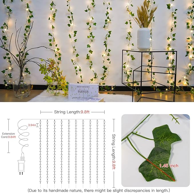 suddus 300 LED Vines with Lights Plug in, 9.8ft x 9.8ft Fairy Lights with Vines