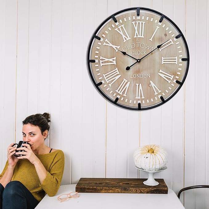 Large Farmhouse Rustic Wooden Wall Clock
