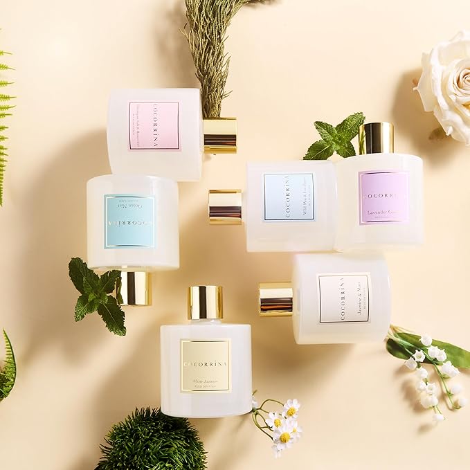 COCORRÍNA Reed Diffuser - White Jasmine 6.7 Fl.oz Reed Diffuser Set with Sticks & Preserved Baby's Breath, Reed Diffuser for Home Bathroom Shelf Decor