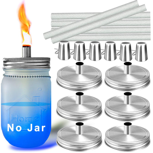 Aikeve Mason Jar Tabletop Torch Kits, 6 Pack with Fiberglass Wicks, Silver