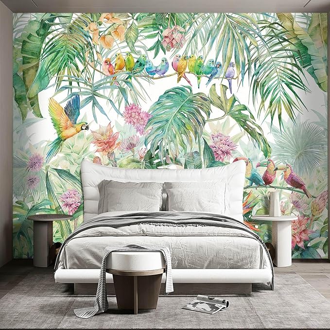 Tropical Green Botanical Flower Birds Leaf Wallpaper Bedroom Plant Floral Mural