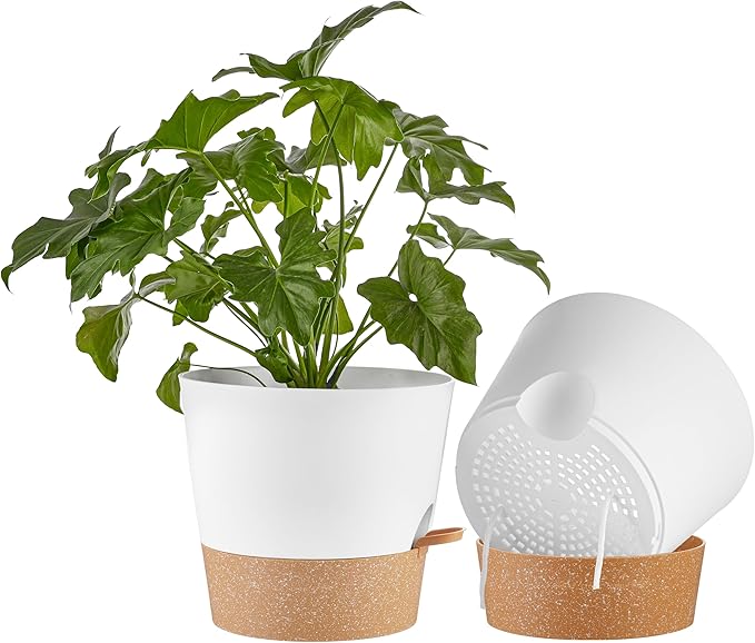 FaithLand 2-Pack 10 Inch Planter Pots for Indoor Outdoor Plants, Self Watering Flower Pots with Deep Reservoir, White with Terracotta â¦
