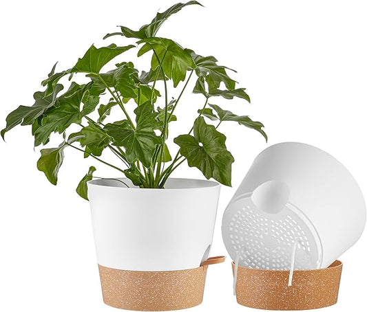 FaithLand 2-Pack 10 Inch Planter Pots for Indoor Outdoor Plants, Self Watering Flower Pots with Deep Reservoir, White with Terracotta â¦