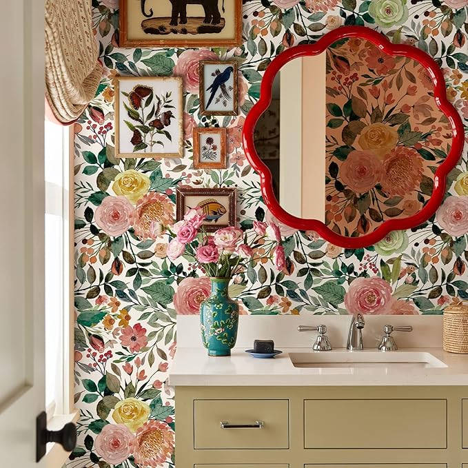 JiffDiff Floral Wallpaper Peel and Stick Removable Contact Paper Peony Roses