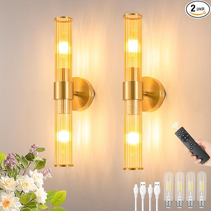 Morauroral Gold Battery Operated Wall Sconces Set of 2, Rechargeable Wall Lights