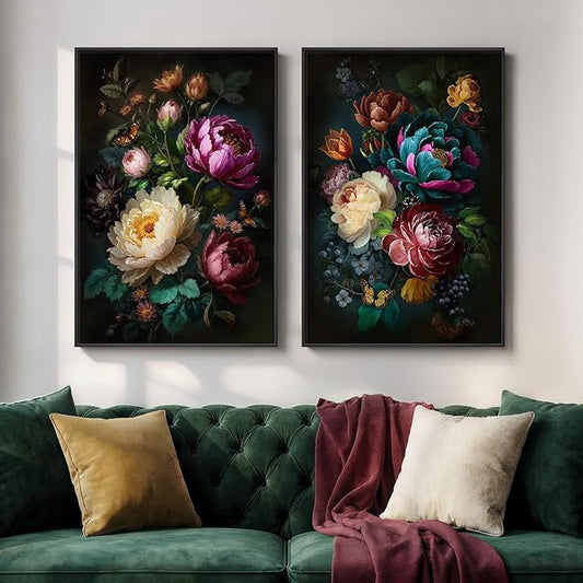 Large Framed Vintage Floral Wall Art Set of 2, Colorful Rustic Farmhouse