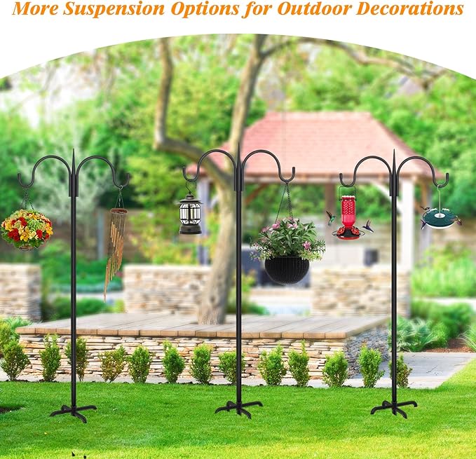 FEED GARDEN Heavy Duty Shepherds Hook 2 Pack 63" Double Hooks Adjustable (47/63") - Metal 5-Prong Base, 12lb Capacity - Easy Assembly Bird Feeder Pole for Hanging Planters, Lanterns, Wind Chimes