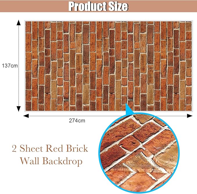 Chuangdi 2pcs 4.5 x 9 Feet Brick Wallpaper Peel and Stick Backdrop Tablecloth