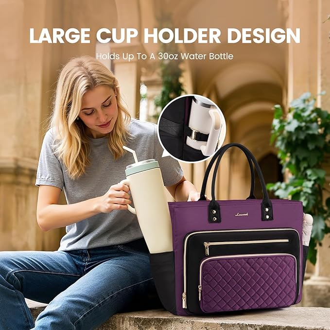 LOVEVOOK Laptop Tote Bag for Women, Work Bags Laptop Bag Nurse Bags With Laptop Compartment, Professional Computer Briefcase With Large Cup Holder, Business Large Purses Handbag Gifts, 17.3 Inch