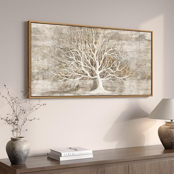 Framed Vintage Tree of Life Wall Art, Neutral Rustic Farmhouse Tree Canvas