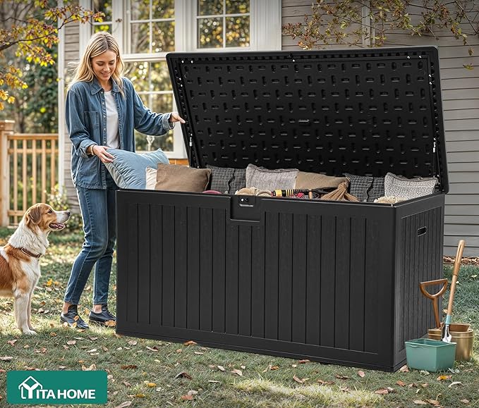 YITAHOME 260 Gallon Large Deck Box with Divider & Side Handles, Outdoor Double-Wall Storage for Patio Furniture Cushions, Garden Pool Accessories, Water Resistant & Lockable, Black