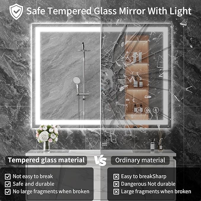 Koonmi 48"x36" LED Mirror for Bathroom, 90CRI Anti-Fog Vanity Mirror