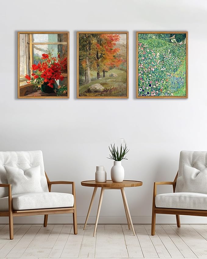 UPWOIGH Framed Wall Art,Autumn Tree Oil Painting Canvas Poster Vintage Fall Landscape Rustic Print Retro Forest Moody Wall Art Living Room Decor 8x10in