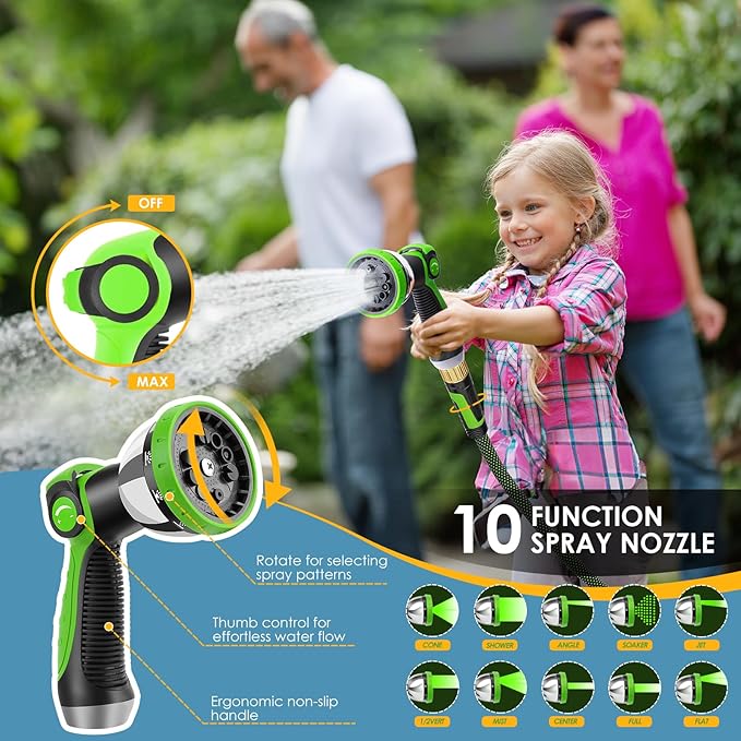 Non-Expandable Garden Hose 150 FT, Lightweight Hose with 10 Function Spray Nozzle, Kink-Free Flexible Water Hose, Durable, Leak-Proof, 360° Swivel Connectors, Portable Storage Strap