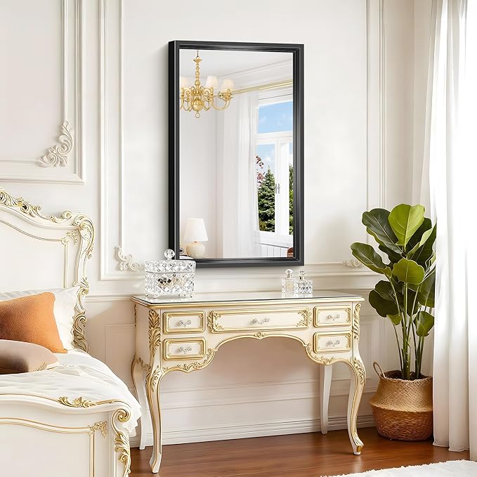 Black Framed Mirror 24"x40", Brushed Black Bathroom Mirrors