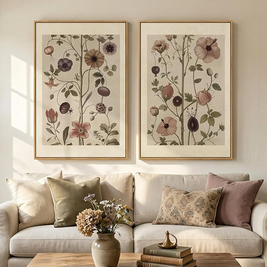 Large Framed Vintage Botanical Wall Art Set of 2, Neutral Antique Floral Canvas