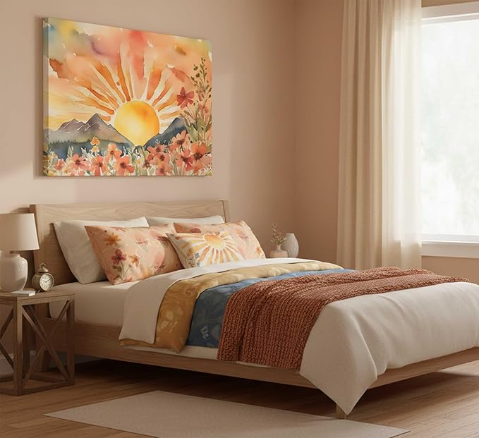 Boho Sun Canvas Wall art Mid-Century Modern Abstract Bohemian Sunset in The