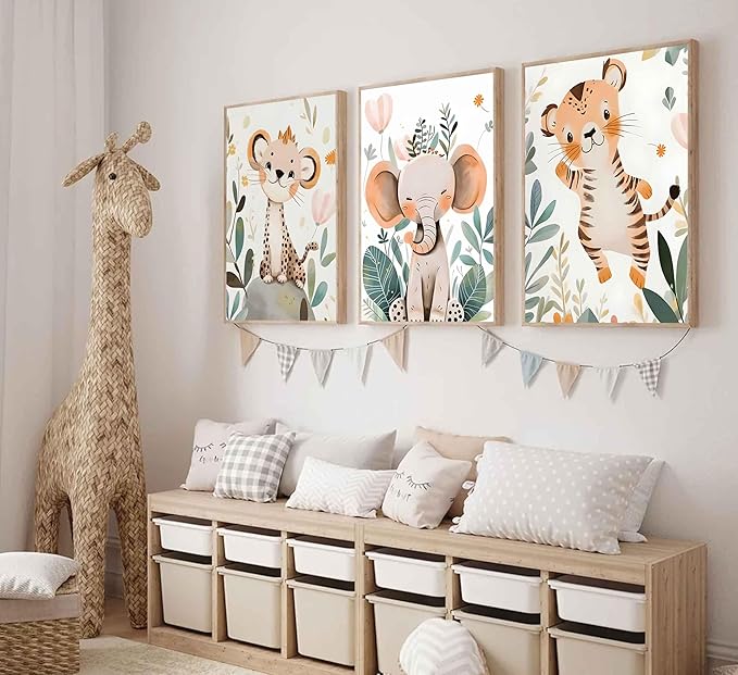 3 Pcs Safari Animals Nursery Canvas Wall Art Jungle Animals Cheetah Elephant