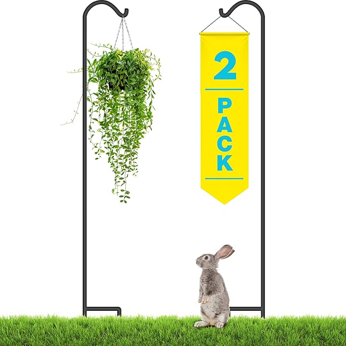 Gray Bunny 92" Shepherds Hooks for Outdoor 2 Pack, Thick Bird Feeder Pole, Hanging Plant Stand, Shepherds Hook for Bird Feeder, Non-Hollow, Non-Adjustable, Extra Long Base Prongs