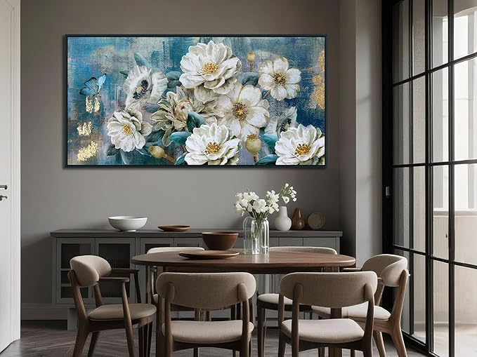 Arjun Black Framed Flower Canvas Wall Art for Living Room White Modern Painting for Bedroom Textured Gold Turquoise Picture Floral Teal Artwork Large Home Office Wall Decor 40"x20"