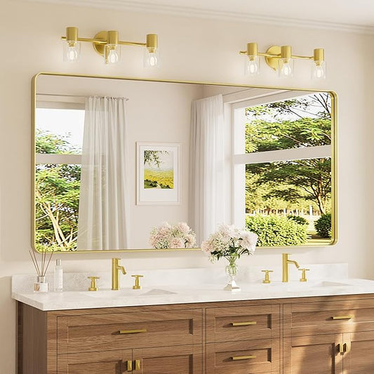 TETOTE 72 x 36 Inch Brushed Gold Bathroom Mirror, Rectangle Metal Frame