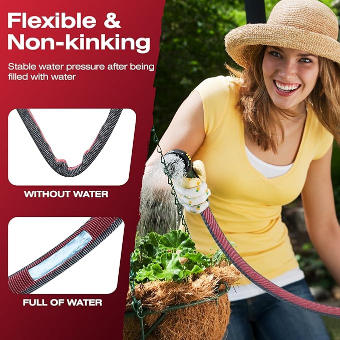 2026 Upgraded Non-Expanding Garden Hose - 100FT Lightweight Flexible, High-Pressure Anti-Kink/Burst-Resistant Lead-Free Outdoor Water Hose (Gray/Red)