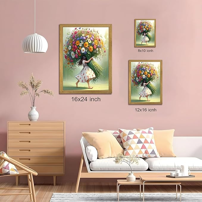 Wood Framed Pink Wildflower Canvas Wall Art, Girl Hugging Flowers Poster Prints