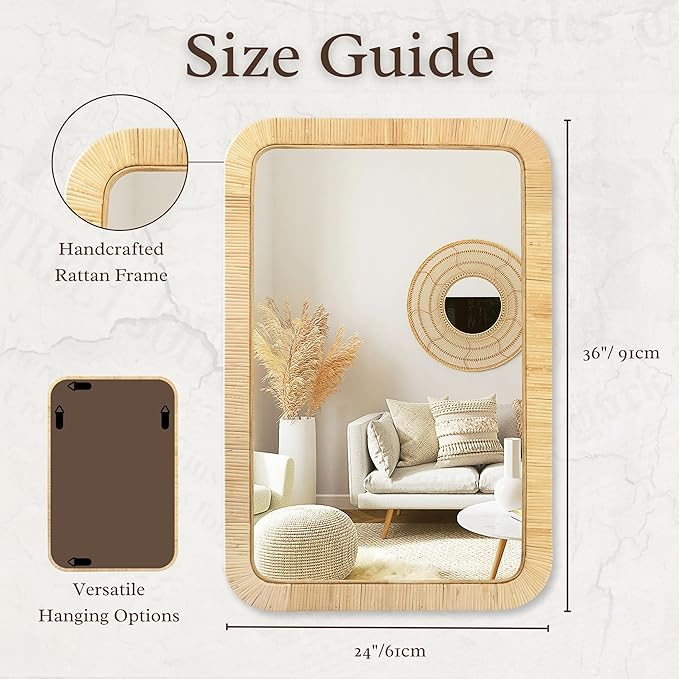 PERFNIQUE Rattan Mirror, Decorative Wall Nursery Decor, Rustic Farmhouse