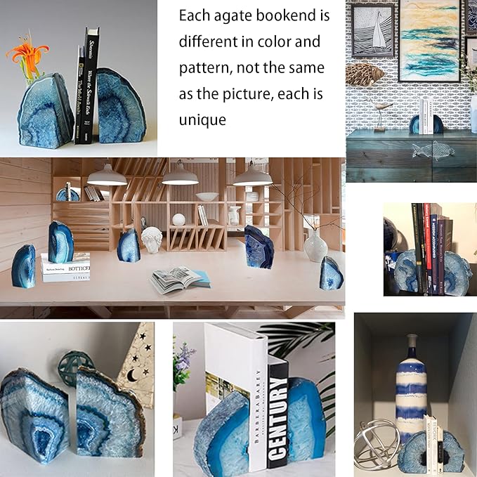 JIC Gem Dyed Blue Agate Bookends Geode Decorative Book Ends for Heavy Books with Rubber Bumpers for Office and Home Decoration Polished Small Size 2 to 3 Lbs