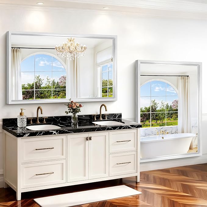 60"x40" Brushed Silver Bathroom Mirror, Large Rectangular Mirror