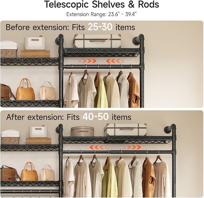 ONBRILL H3 Plus Expandable Wall Mounted Closet System, 5.7FT-8.2FT Closet