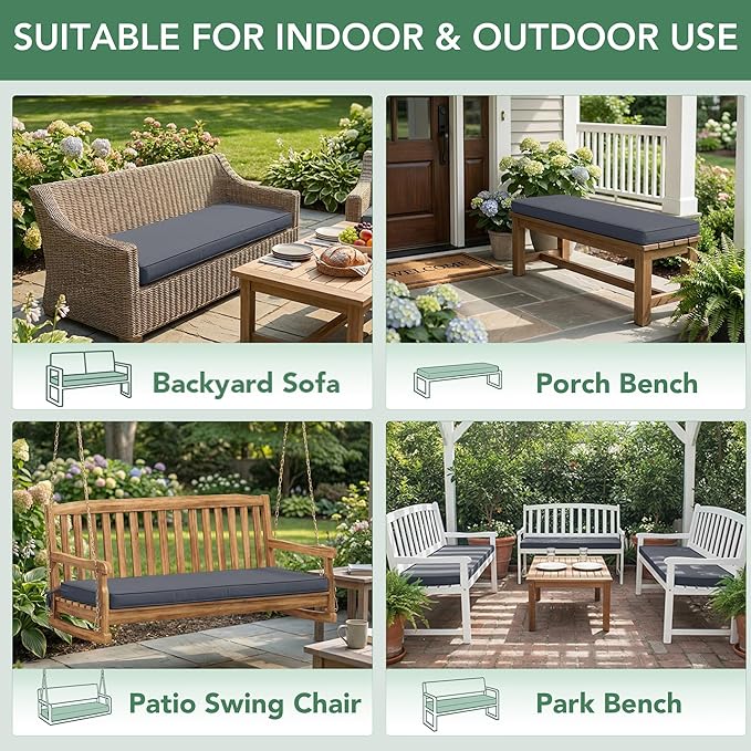 Summsun Outdoor Bench Cushion: Waterproof and Fade Resistant Patio Furniture Cushions - Non-Slip Bench Pad Cushion with Removable Cover for Garden Swing Porch Sofa Settee, 45 x 18 Inch, Dark Grey