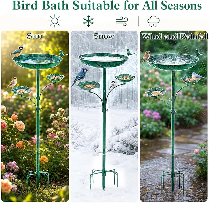 HUFAND Triple Bowl Bird Bath for Outside, 3-in-1 Bird Bath & Feeder with 4-Claw Ground Stake, 51in Height, 11.8in Large Top Bowl, Outdoor Birdbath for Garden Patio Yard Decor, Copper-Green