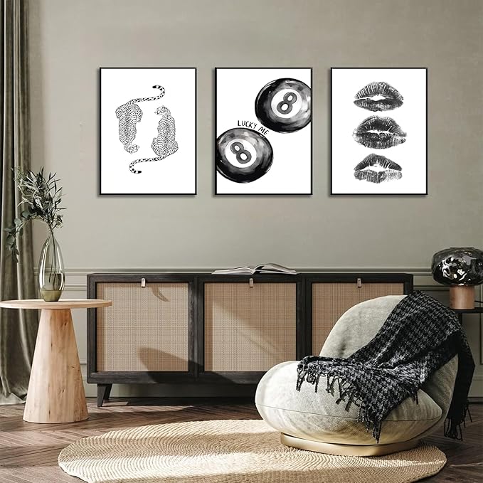 BOKPEN Trendy Black and White Leopard Canvas Wall Art, Funky Y2k Lucky 8 Ball