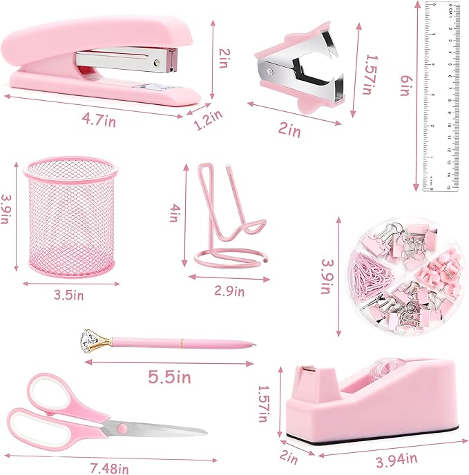 Pink Office Supplies, Pink Desk Accessories, Stapler, Staple Remover, Tape Holder, Pen Holder, Ballpoint Pen, Scissor, Binder Clips, 1000pcs Staples, Phone Holder, Ruler, Transparent Glue and Notes