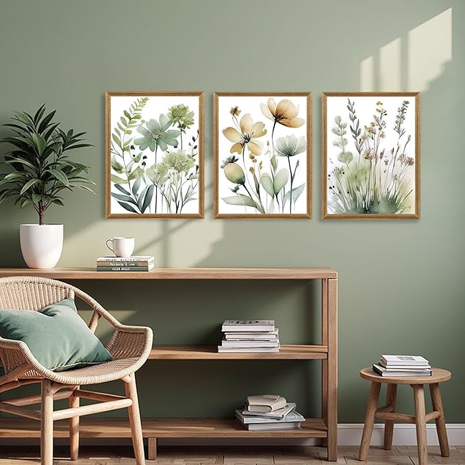 SYWENNOI Wood Framed Green Botanical Canvas Wall Art, Boho Floral Watercolor