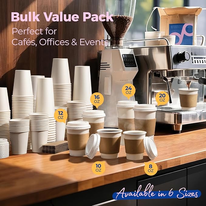 Fit Meal Prep 100 Pack 16 oz Disposable Coffee Cups with Lids, Sleeves, Leak-Proof To Go Coffee Cups with Lids, Durable Hot Paper Cups for Home, Office, Party, Business