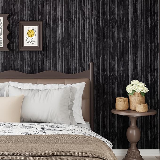 CRE8TIVE Black Grasscloth Peel and Stick Wallpaper Textured Woven Linen Fabric