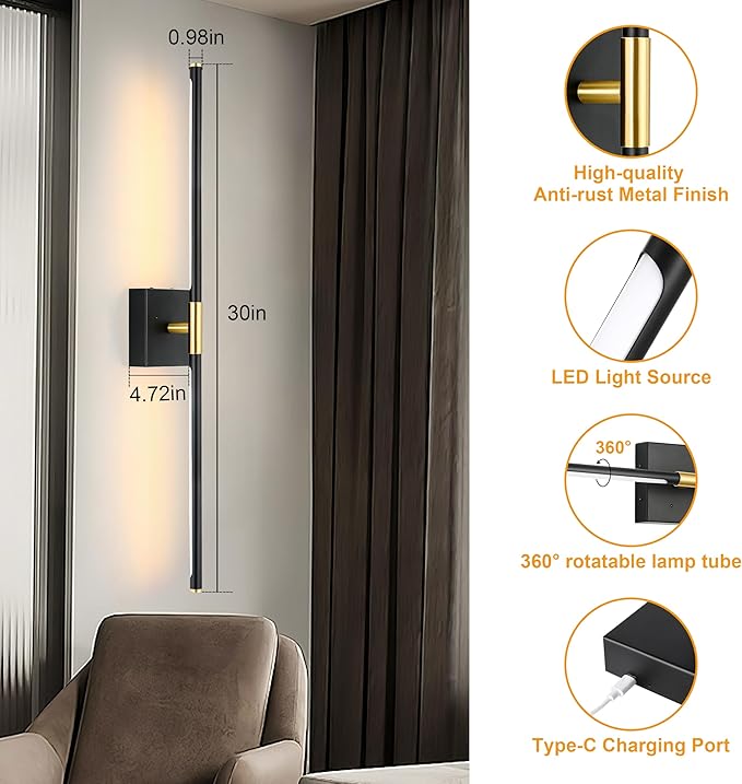Morauroral 30 Inch Battery Operated Wall Sconces Set of Two, Dimmable Wall