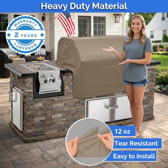 Covers & All Built-in Grill Cover for Outdoor Grill – Heavy Duty 12 oz Waterproof Built-in BBQ Grill Cover, PVC-Coated Polyester with Elastic Hem for Snug Fit (38 x 28 x 24 inches, Beige)