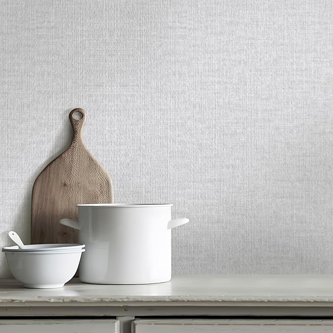 Light Grey Grasscloth Peel and Stick Wallpaper, Textured Vintage Contact Paper