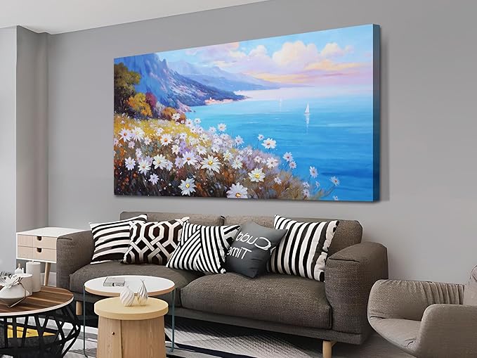 Anolyfi Coastal Landscape Wall Art Nature Flower Mountain Canvas Painting Blue