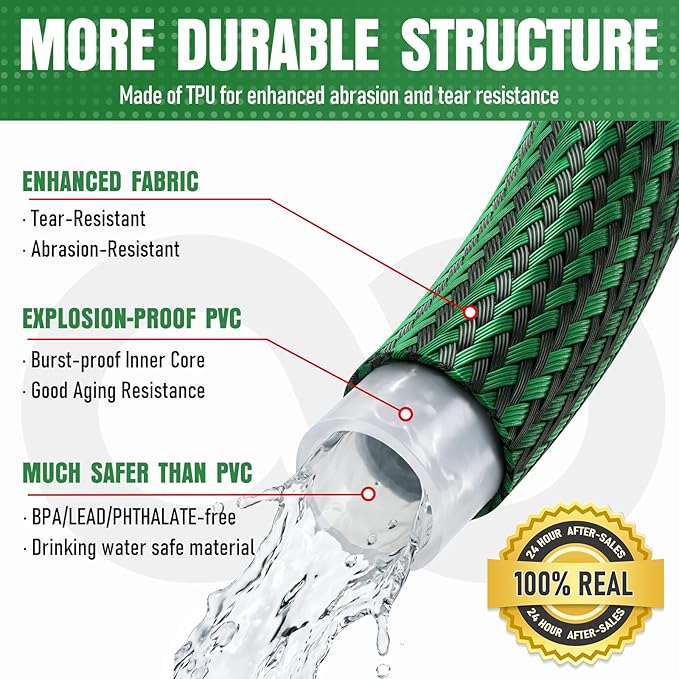 NON-EXPANDABLE 100 ft Garden Hose, Heavy Duty Flexible Water Hose, Kink Resistant Lightweight Hybrid Hose with Durable Fabric Skin, Leakproof Hose Male to Female Fittings
