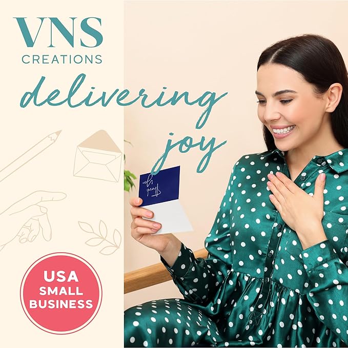 VNS Creations 50 Pack Thank You Cards With Envelopes, Stickers, 3.5x5 Inch Blank Thank You Notes - Bulk Box Set Notes for Graduation, Wedding, Small Business, Baby & Bridal Shower Card - Navy Blue