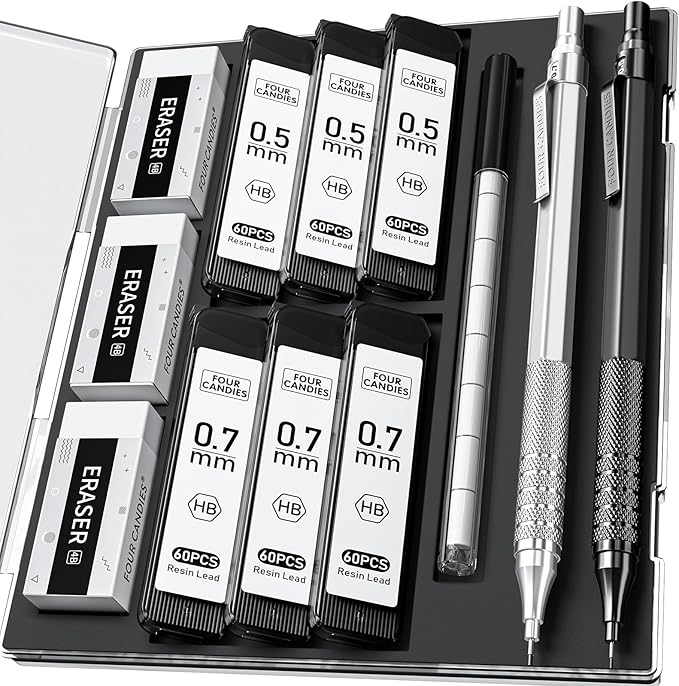 Four Candies 2PCS Metal Mechanical Pencils Set with Case, 0.5mm & 0.7 mm Artist Pencil with 6 Tubes (360PCS) HB Lead Refills, 3 Erasers,9 Eraser Refills For Writing Drafting, Drawing, Black&Silver