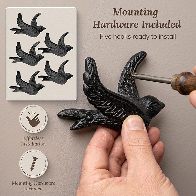 Flying Bird Cast Iron Hooks Non Rusting Interior or Exterior Decorative Wall
